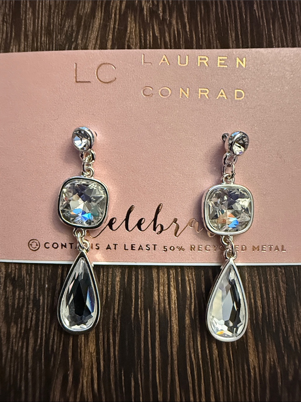 LC Lauren Conrad Clear Crystal and Silver Drop Earrings